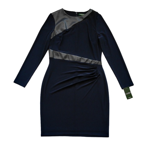New LAUREN Ralph Lauren Navy Faux Leather Dress 12 - Picture 3 of 7